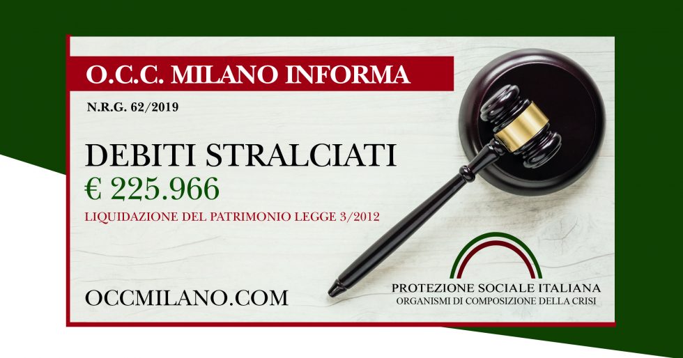 TRIBUNALE MILANO: Sentenza legge 3/2012 del 17.6.2019. Debiti stralciati euro 225.966. Liquidazione Patrimonio