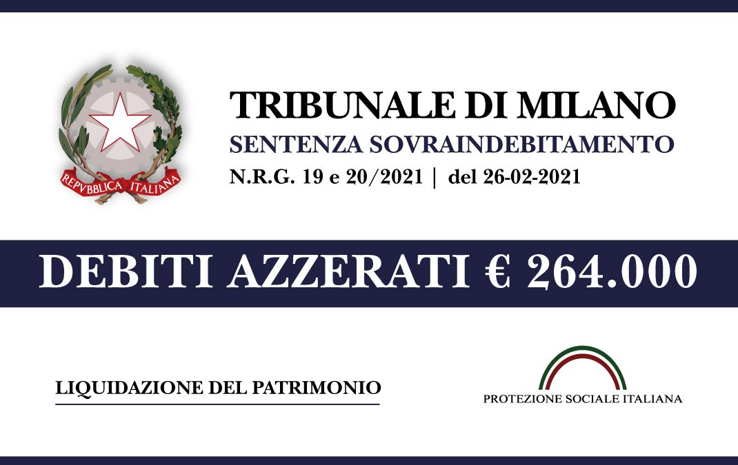 Trib. Milano: Sentenza legge 3/2012 del 26.2.2021. Nucleo familiare con 4 figli azzera euro 264.000 di debiti. Liquidazione del Patrimonio.