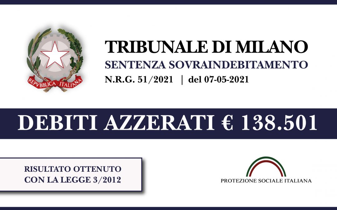 Trib. Milano: Sentenza legge 3/2012 del 7.5.2021. Infermiere azzera euro 138.501 di debiti con Finanziarie e Agenzia Entrate. Liquidazione del patrimonio.