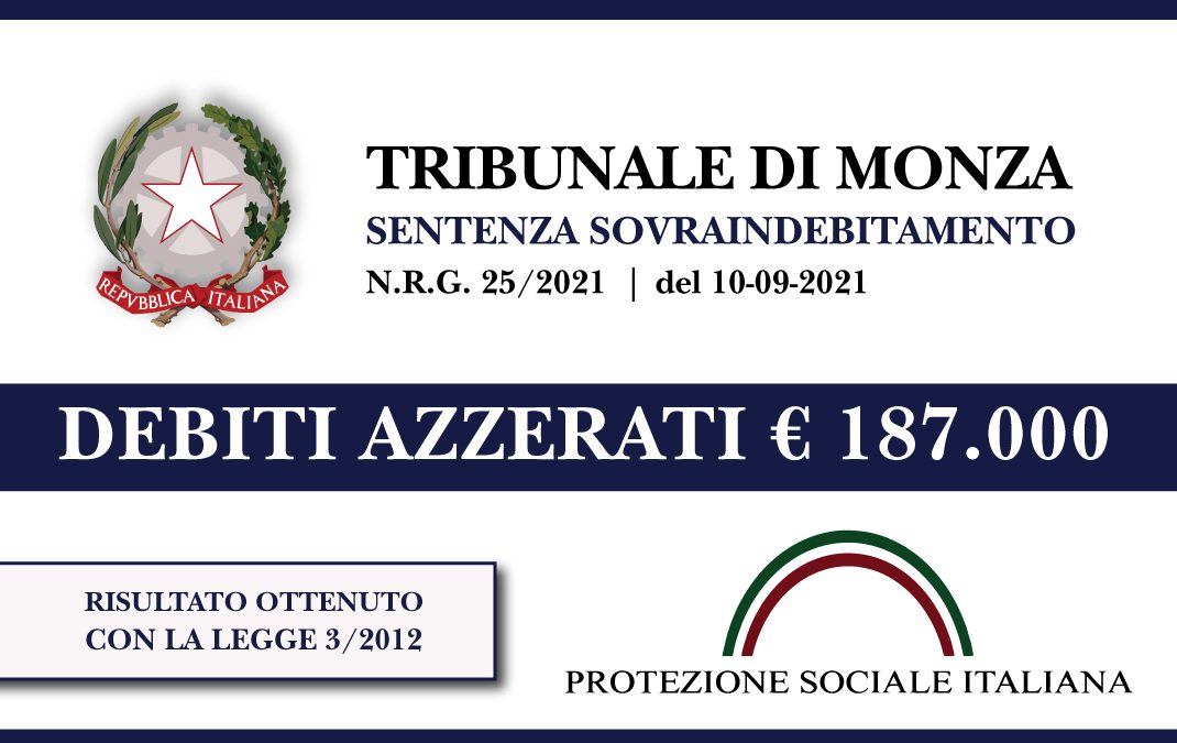 Trib. Monza: Sentenza legge 3/2012 del 10.9.2021.Ludopatico azzera euro 187.000 di debiti con Banche, Finanziarie e Condominio. Liquidazione del Patrimonio