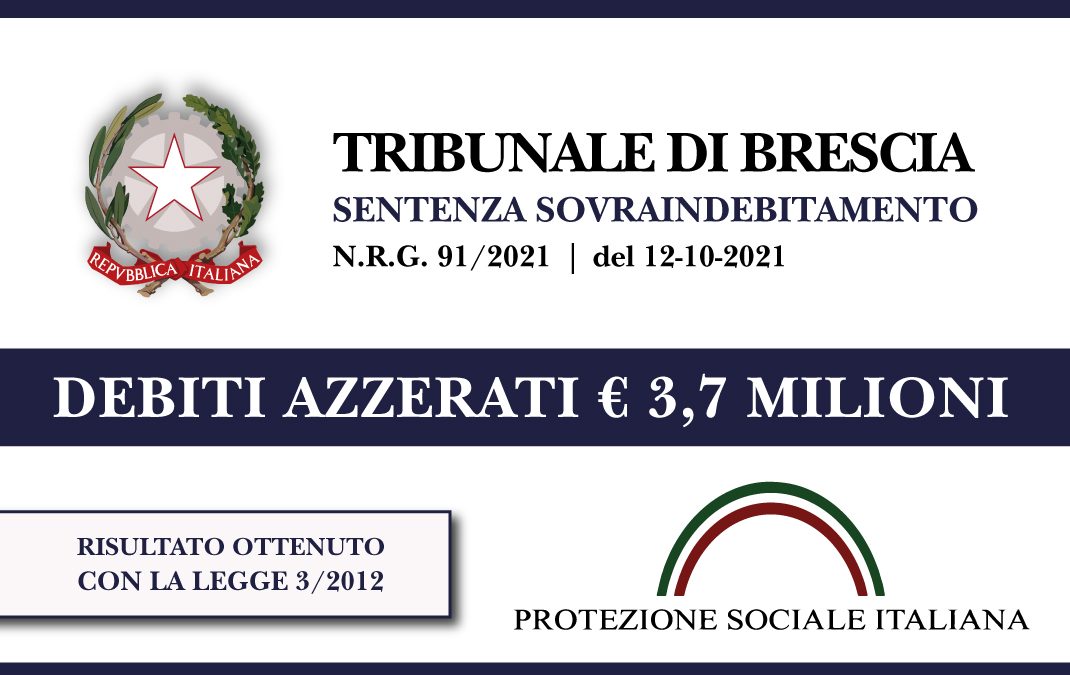 Trib. Brescia: Sentenza legge 3 del 12.10.2021. EX Ceo e Founder di una SPA azzera euro 3,7 MILIONI di debiti con Banche. Liquidazione del patrimonio