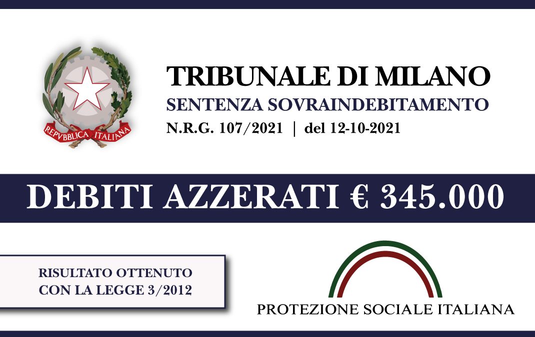 Trib. Milano: Sentenza legge 3 del 12.10.2021. Ex Titolare negozio franchising abbigliamento azzera euro 345.000 di debiti con Banche, fornitori e Agenzia Entrate. Liquidazione del Patrimonio