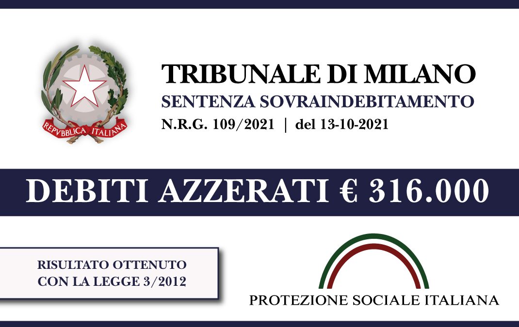 Trib. Milano: Sentenza legge 3 del 13.10.2021. Studio fotografico azzera euro 316.000 di debiti con Banche e Agenzia Entrate. Liquidazione del Patrimonio