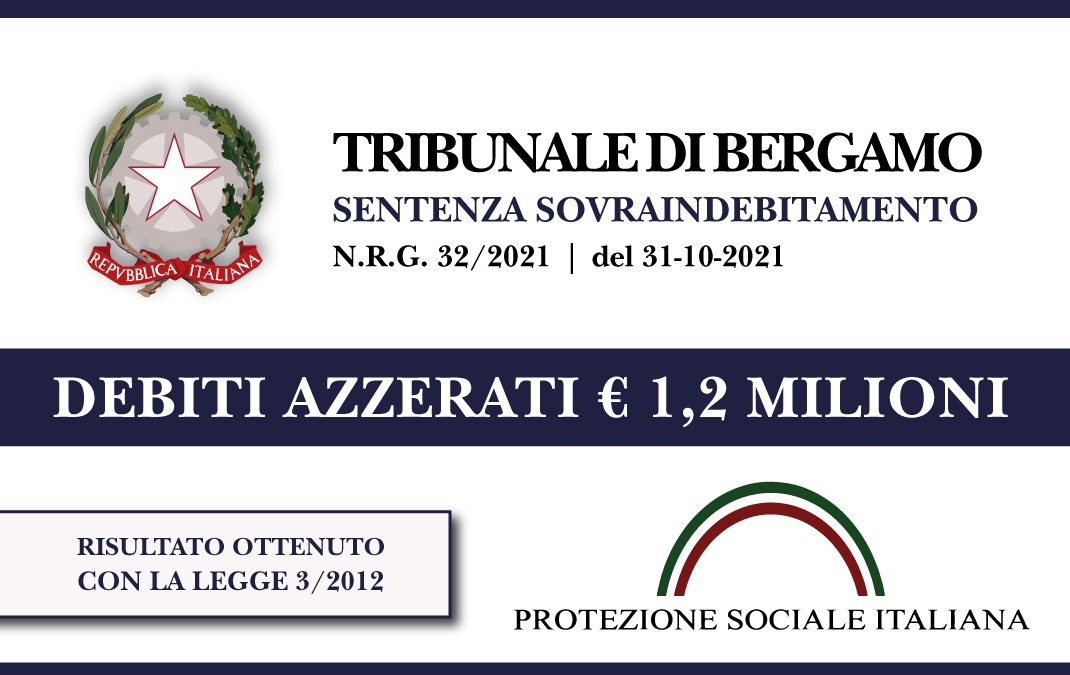 Trib Bergamo: Sentenza legge 3 del 31.10.2021. Ex imprenditore settore abbigliamento azzera 1,2 MILIONI di debiti con Banche. Liquidazione del Patrimonio