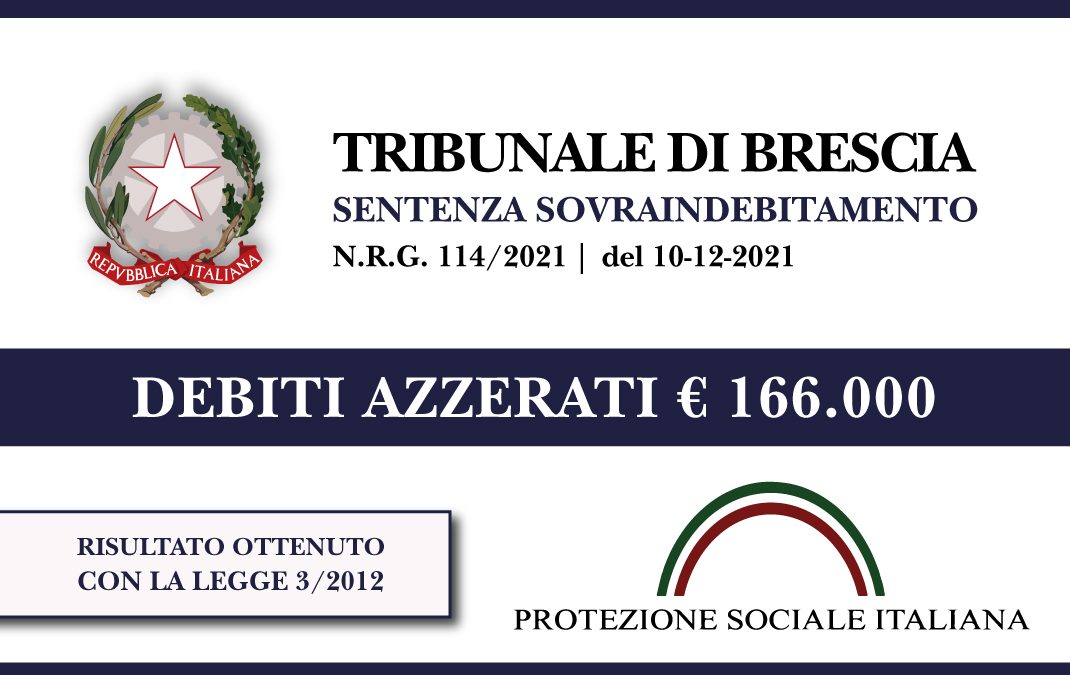 Trib. Brescia: Sentenza legge 3/2012 del 10.12.2021. Ex imprenditore settore carpenteria e posa serramenti azzera euro 166.000 di debiti con Inps, Banche e Agenzia Entrate. Liquidazione patrimonio