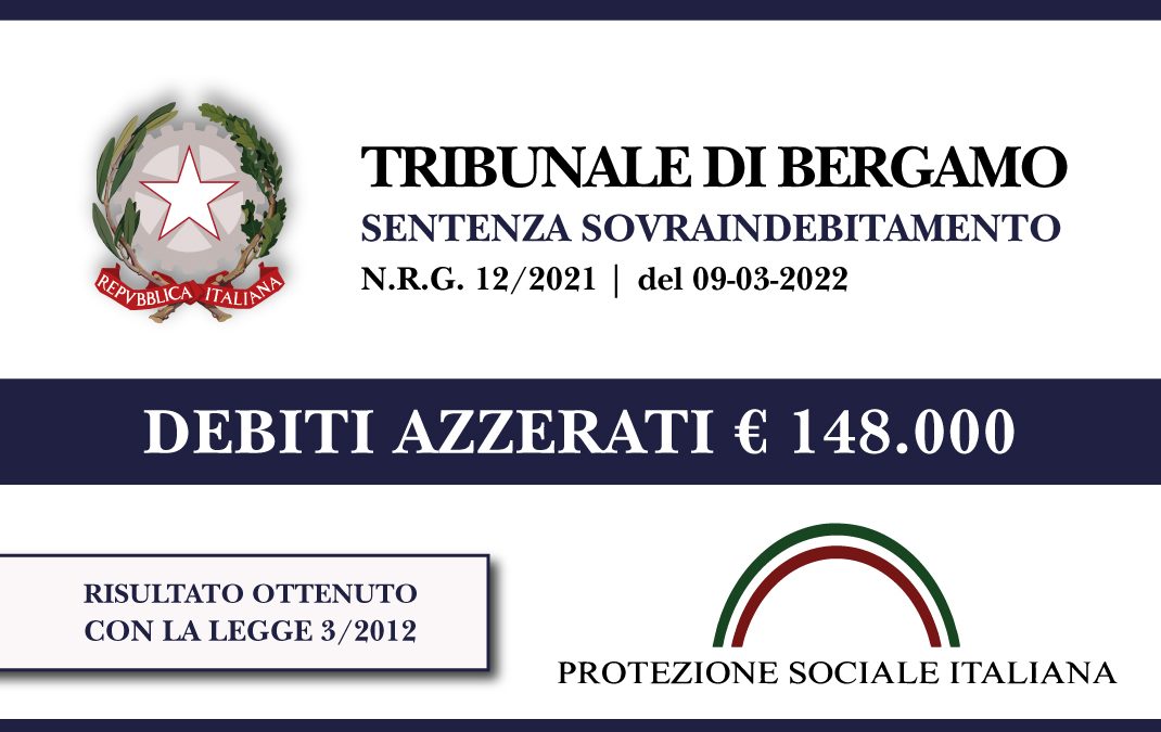 Trib. Bergamo: Sentenza legge 3 del 2012 del 9.3.2022. Ex Carrozziere e meccanico stralcia 148.000 euro di debiti con Banche, finanziarie e Agenzia delle Entrate.