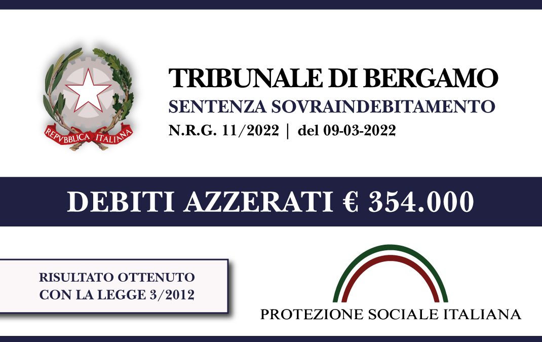 Trib. Bergamo: Sentenza legge 3 del 2012 del 9.3.2022. Responsabile azienda abbigliamento stralcia euro 354.000 di debiti con Banche e Finanziarie. Liquidazione del Patrimonio