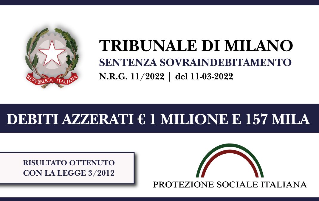 Trib. Milano: Sentenza legge 3 del 2012 del 11.3.2022. Ex imprenditore settore calzature stralcia euro 1 Milione e 157 mila di debiti con Banche e Agenzia Entrate.  Liquidazione del Patrimonio