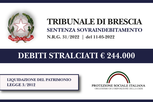 Trib. Brescia: Sentenza legge 3 del 11.5.2022. Ex titolare Bar e Pizzeria stralcia euro 244.000 di debiti con Banche, Finanziarie e Agenzia Entrate.