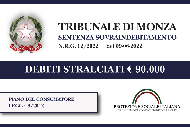 Trib. Monza: Sentenza legge 3 del 9.6.22. Madre divorziata stralcia euro 90.000 di debiti con Banche, Finanziarie e Condominio. Piano del consumatore