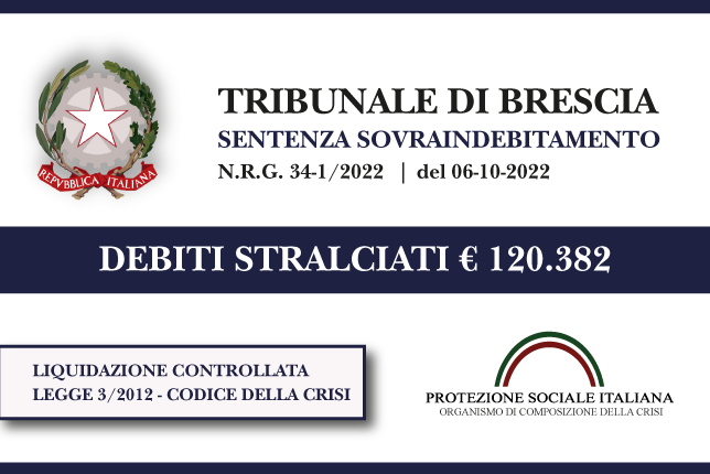 Trib. Brescia: Sentenza legge 3 (ora Codice della Crisi) del 6.10.22. Ex titolare Bar/Pizzeria azzera € 120.382 di debiti con Agenzia Entrate e Finanziarie. Liquidazione Controllata