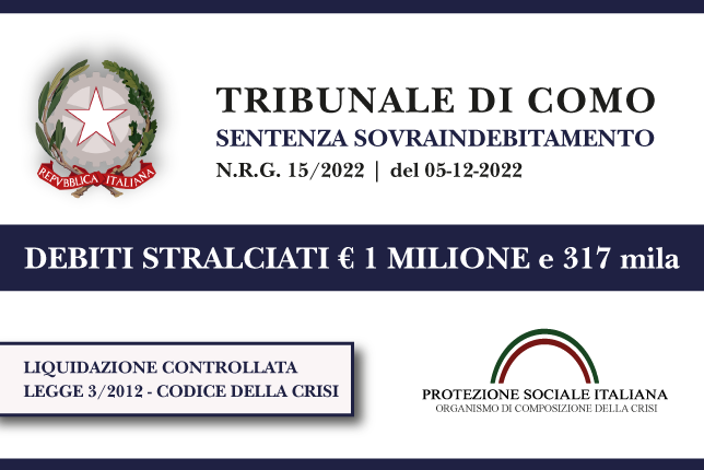 Trib. Como: Sentenza legge 3 (ora Codice della Crisi) del 5.12.22. Ex soci impresa confezionamento capi di abbigliamento azzerano € 1 MILIONE e 317 mila di debiti con Banche, Agenzia entrate, Inps e Fornitori,