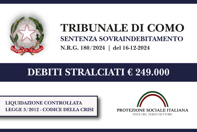 Ex titolare pizzeria/rosticceria azzera € 249.000 di debiti con Banche, Finanziarie, Condominio, Agenzia Entrate e professionisti I Trib. Como I Liquidazione controllata