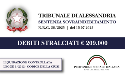 Ex imprenditrice e socia di attività familiari azzera € 209.000 di debiti con Agenzia delle Entrate e Banche I Trib. Alessandria I Liquidazione controllata